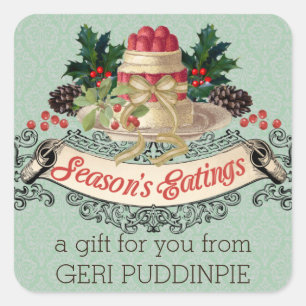 Vintage kerst pudding koken bakken voedsel cadeau vierkante sticker
