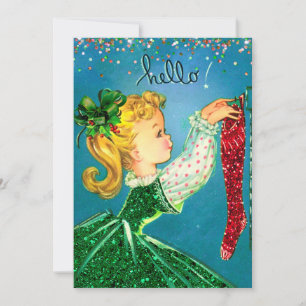 Vintage Kerst rode sokken glitter meisje monogram Bedankkaart