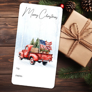 Vintage Kerst Rode Vrachtwagen Patriottische Vlag  Etiket