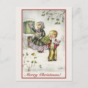 Vintage Kerst schattige jongen en meisje Feestdagenkaart