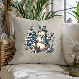 Vintage Kerst Sneeuwman en hond Kussen