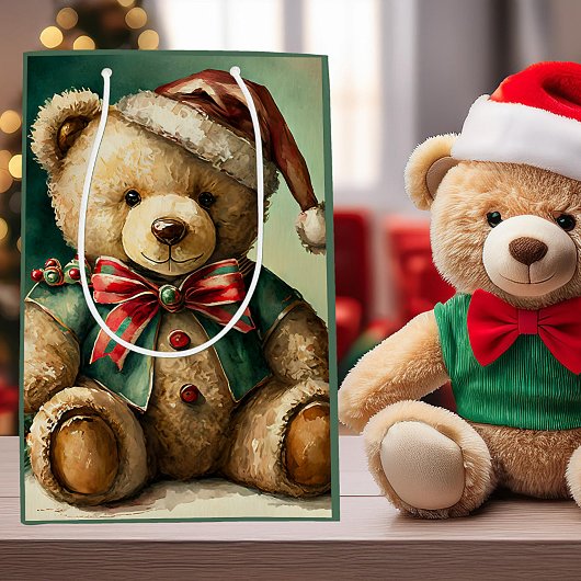 Vintage kerst teddybeer medium cadeauzakje