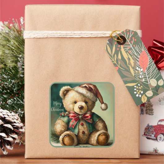 Vintage kerst teddybeer vierkante sticker (Feestdagen)