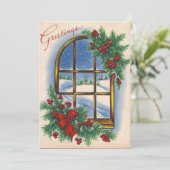 Vintage Kerst Venster Uitzicht Feestdagenkaart (Staand voorkant)