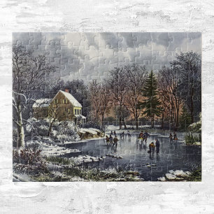 Vintage kerst, vroege winterschaatsers op een vijv legpuzzel