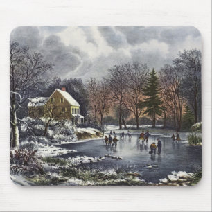 Vintage kerst, vroege winterschaatsers op een vijv muismat