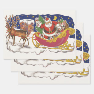 Vintage kerst, vrolijke kerstman met slee inpakpapier vel