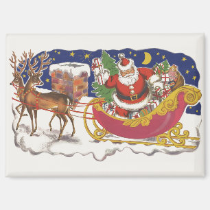 Vintage kerst, vrolijke kerstman met slee magneet