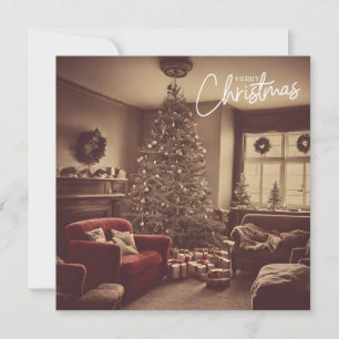 Vintage Kerst Woonkamer Boom met Cadeaus Feestdagenkaart