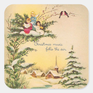 Vintage kerstangels in de boom vierkante sticker