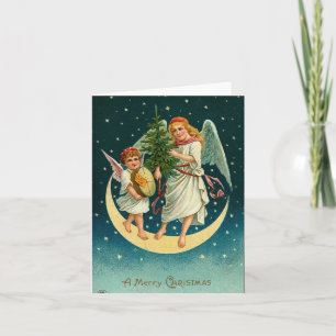 Vintage kerstangels op de maan feestdagen kaart
