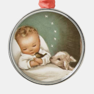 Vintage kerstBaby met lamp Metalen Ornament