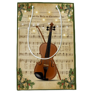 Vintage kerstblad Muziek en Violin Medium Cadeauzakje