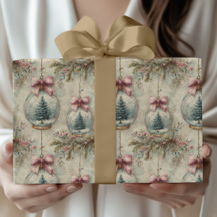 Vintage Kerstboom & Bal Waterverf Cadeaupapier