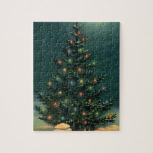 Vintage kerstboom bij nacht met licht legpuzzel