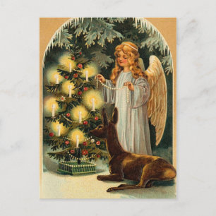 Vintage Kerstboom en Engel Feestdagenkaart
