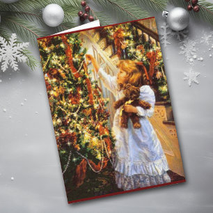 Vintage kerstboom en meisjeskaart feestdagen kaart