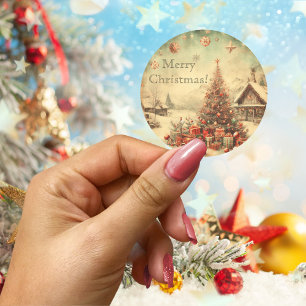 Vintage kerstboom gepersonaliseerd ronde sticker