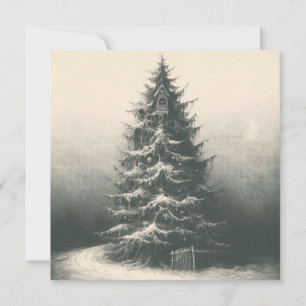 Vintage Kerstboom in sneeuw Etsen Intaglio Kaart