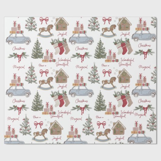 Vintage kerstboom, peperkoek en auto cadeaupapier (Vlak)