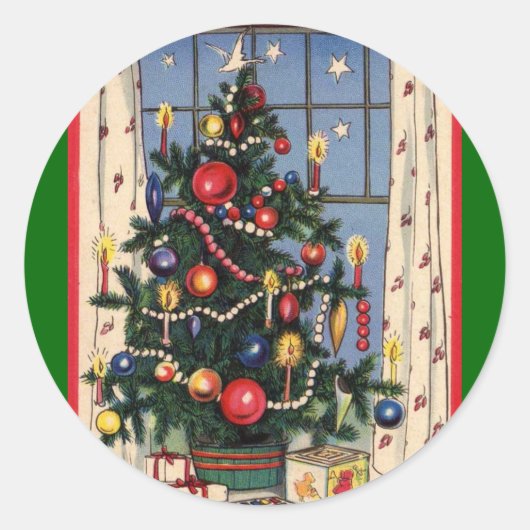 Vintage kerstboom ronde sticker (Voorkant)