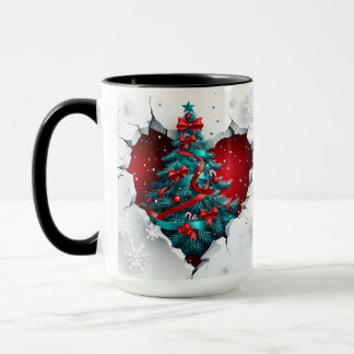 Vintage kerstboom, rood/Blauwgroen - zwart handvat Mok