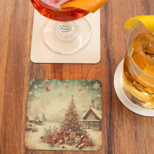 Vintage kerstboom vierkante kartonnen onderzetter