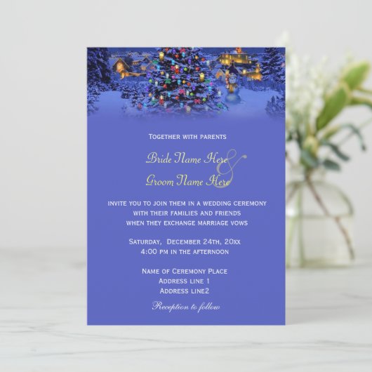 Vintage kerstboomsneeuwnachtbruiloft kaart (Staand voorkant)