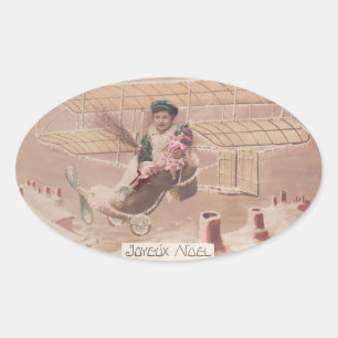 Vintage kerstboy vliegend vliegend vliegveld Fanta Ovale Sticker