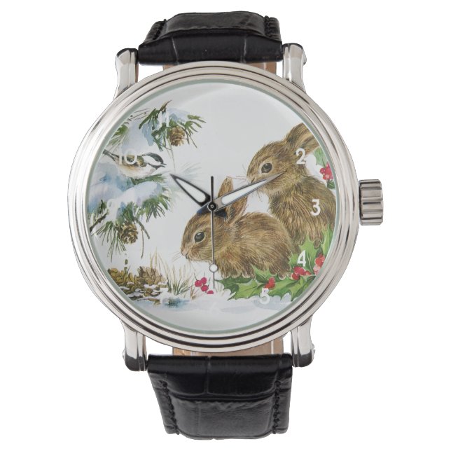 Vintage kerstbunnies horloge (Voorkant)
