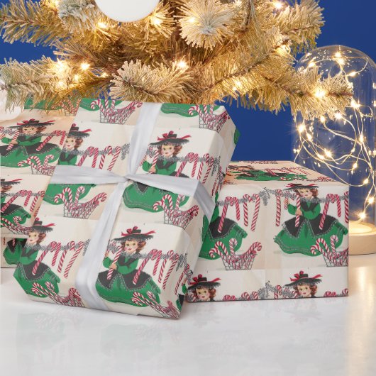 Vintage kerstdame Hanging Candy Canes Cadeaupapier (Feestdagen)