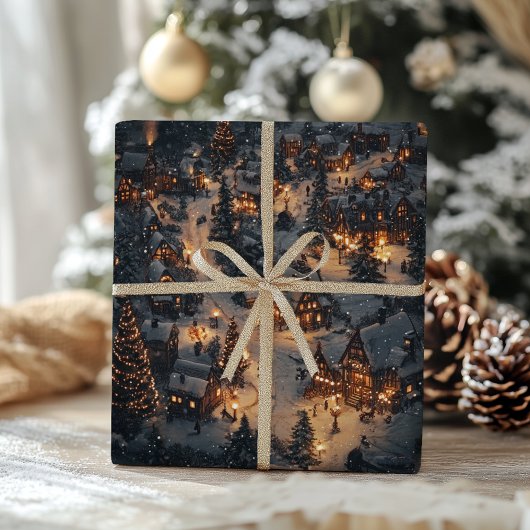 Vintage kerstdorp bij nacht cadeaupapier
