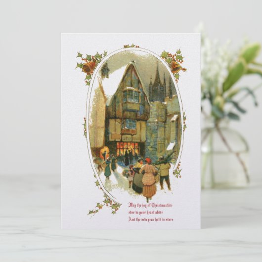 Vintage kerstdorp feestdagenkaart (Staand voorkant)