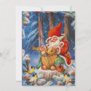 Vintage kerstdwerg die de dieren voedt feestdagenkaart