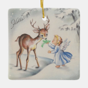 Vintage-kerstengel met Baby Deer-boom Keramisch Ornament