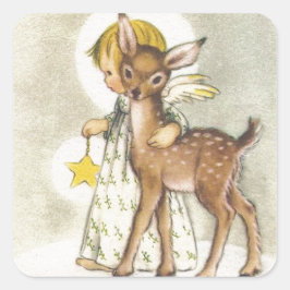 Vintage-kerstengel met Baby Deer Vierkante Sticker