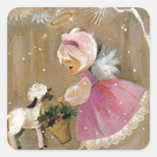 Vintage-kerstengel met Lamb Vierkante Sticker (Voorkant)