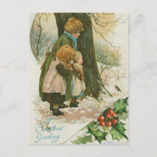 Vintage-kerstfamilie op kerstochtend feestdagenkaart