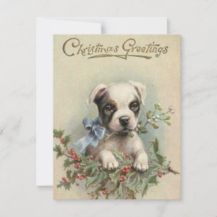 Vintage kerstfeestjes puppy in Holly Berry Feestdagenkaart