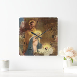 Vintage kerstfeestmaal, Mary Joseph Baby Jesus Vierkante Klok