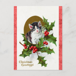 Vintage kerstgroet Cute Kitten Cat Briefkaart