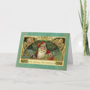 Vintage kerstgroet Santa Angels Feestdagen Kaart