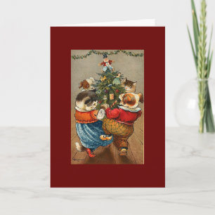 Vintage kersthonden katten ROCKING ROND DE BOOM Feestdagen Kaart