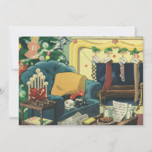 Vintage kersthuisjes in de leefruimte feestdagenkaart