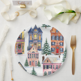 Vintage kersthuizen papieren Borden Papieren Bordje