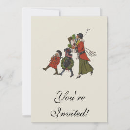 Vintage kerstinkopen familie plezier kaart