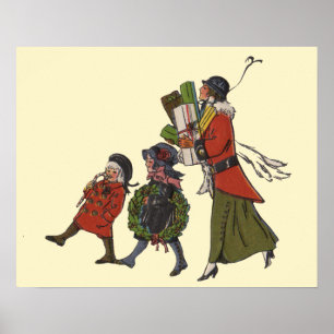 Vintage kerstinkopen familie plezier poster