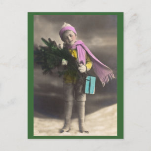 Vintage Kerstjongen, Boom & Cadeaus Feestdagenkaart