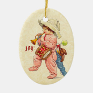 Vintage kerstjongen die marcheert met Trumpet drum Keramisch Ornament