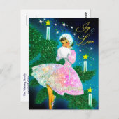 Vintage kerstkaars meisje iriserende glitter briefkaart (Voorkant / Achterkant)